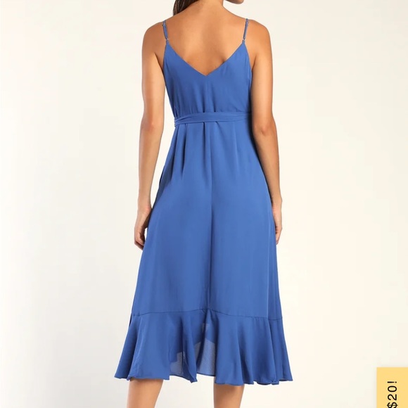 Lulu’s Manhattan Moment Blue Ruffled Midi Wrap Dress - Picture 3 of 7